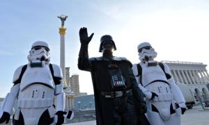 The Ukrainian Internet partys Darth Vader flanked by stormtroopers in Independence Square, Kiev,